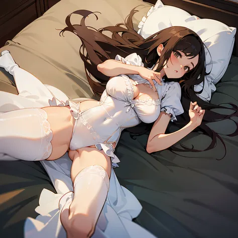 One hot skinny female, with a fair skin, brunette hair, full body, transparent white clothes, lying on bed with legs open, manga style, big boobs wearing frilly lingerie