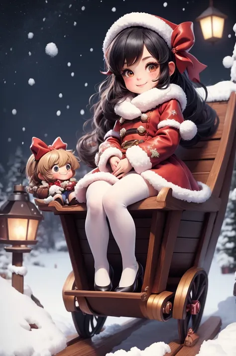 amasterpiece, best quality, 8k, cinematic light, ultra high res, chibi, cute girl smiling sitting on a sleigh, (bigfeet:0.4), (bighands:0.4)black hair, christmas steampunk dress, christmas hair ribbons, white pantyhose, red pumps, magical night, winter nig...