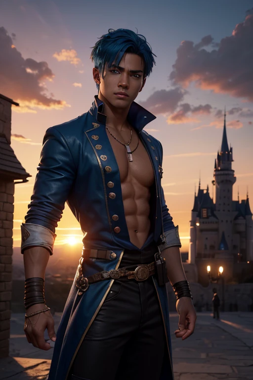 (absurdres, highres, ultra detailed), 1 male, young man, tan skin. eyepatch on right eye, blue hair, dramatic lighting, detailed, masterpiece, standing in front of the castle, sunset light, red and orande sunset tones