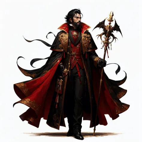 (Masterpiece, best quality), ultra-detailed, solo, full body A sorceress man in a red cloak and a black Inverness coat, an English gentleman with black hair and a black beard, gold-adorned staff, and a servant of a strange beast, 8k high resolution, trendi...