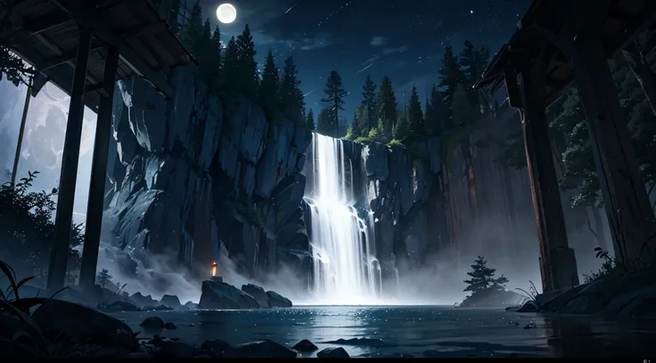 natta、themoon，springtime、low waterfall，pines、steins、vapour、（illuminations：1.0）、Epic work、High definition details、tmasterpiece、Best quality at best，（Very detailed CG - 8k wallpaper）