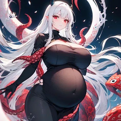 White hair, Red eyes, Long hair, , exposed , Messy clothes, Huge tits, Huge breasts, octopus haunted snake demon, pregnant