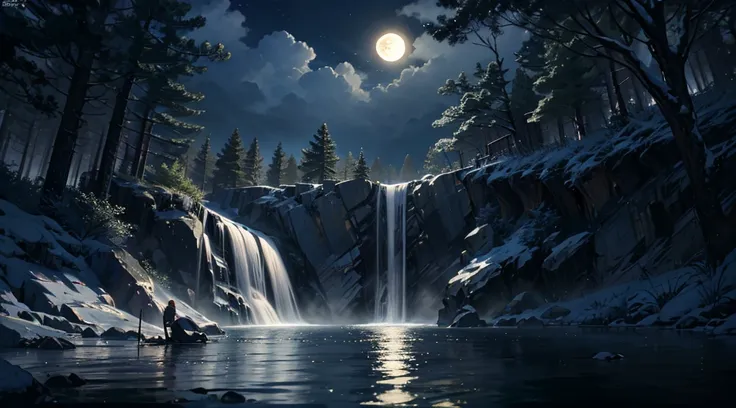 natta、themoon，springtime、low waterfall，pines、water mist vapor、（Lighting：1.0）、Epic work、high definition detail、tmasterpiece、Best quality，（Very detailed CG - 8k wallpaper）