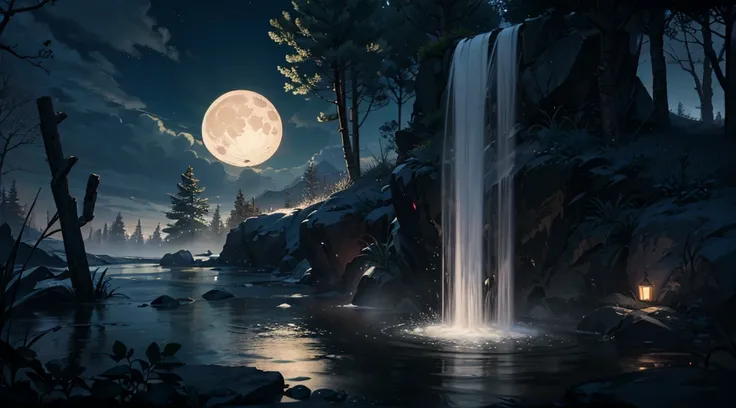 natta、themoon，springtime、low waterfall，pines、water mist vapor、（Lighting：1.0）、Epic work、high definition detail、tmasterpiece、Best quality，（Very detailed CG - 8k wallpaper）