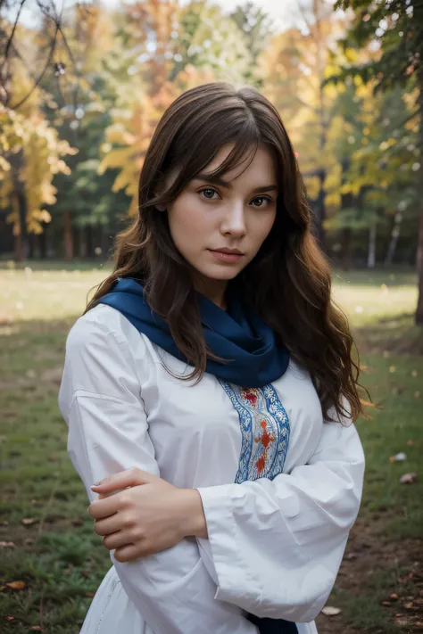 Imagine a 20-year-old Russian woman with a unique sense of style. She has a love for traditional Russian attire, often seen wearing a beautifully embroidered sarafan dress, paired with a colorful headscarf known as a kokoshnik. Her eyes, a striking shade o...