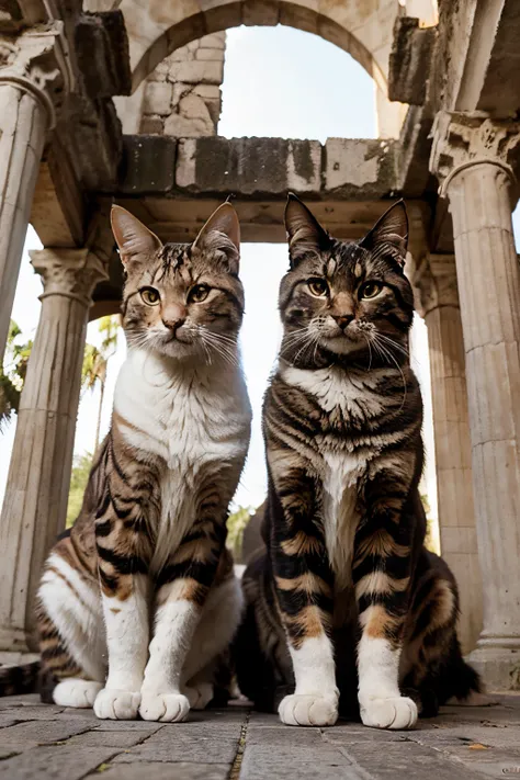 Por favor, gere uma imagem digital de alta qualidade representando dois gatos; a full-length Bengal breed, and the other Turkish Angora cat,   deitado ao lado do outro gato . O gato deve estar em uma pose majestosa e centralizada, displaying its distinctiv...