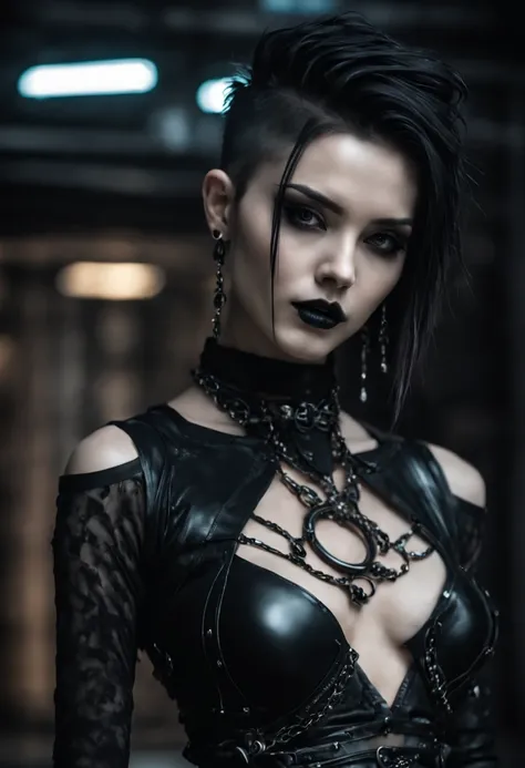 close-up photo of a woman in black open femdom clothes, edgy and bold hairstyle, crop top, panties, metal jewelry, dynamic postu...