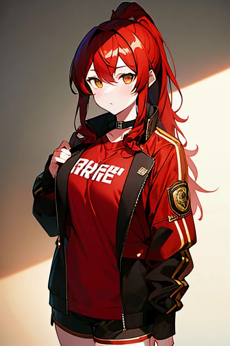 Masterpiece, best quality, 1girl, finely detailed, red hair, wavy hair with a ponytail, golden eyes, gentle expression, clothes: a jacket with shorts.