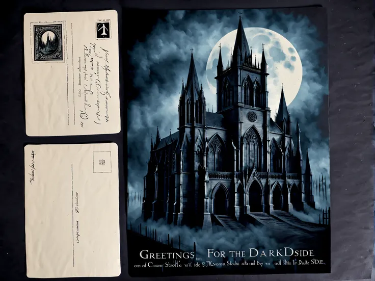 (vintage:1.3), (solo:1.3), design a standing (captivating gothic postcard) featuring an abandoned cathedral engulfed in darkness...