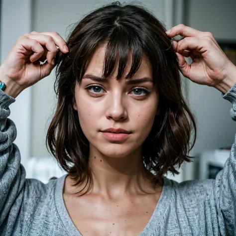 photographie de profil dune femme, superealistique, brune, yeux bleu cyan super perçant, yeux GRIS claires très claires, légère taches de rousseurs, habillé, élégante, cheveux longs plaqué lisse