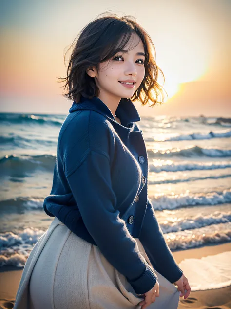 ​masterpiece, Best Quality, Ultra-detailed, film photography, Extremely delicate and beautiful ,hight resolution, 1 girl in, 25-years old, Beautiful girl in Japan, sand beach、the beach、girl having fun on the beach、dynamic compositions、((Look away)), japane...