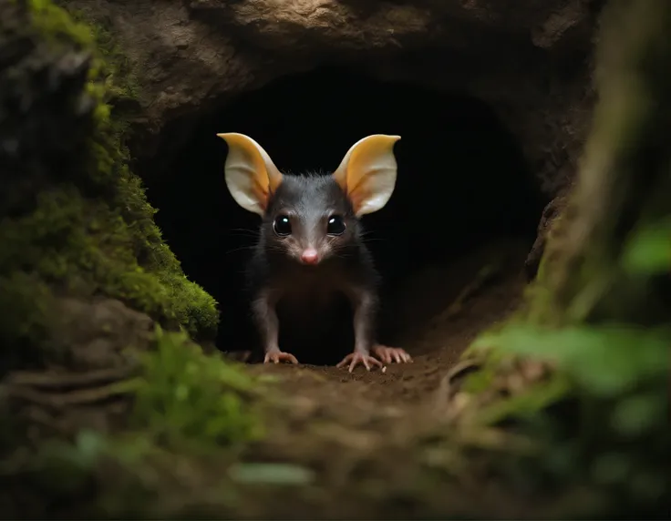 In the cave，Little male goblins, cute mole, large ears, elongated nose, comes out of the hole, dark fantasy style, Fairy tale style