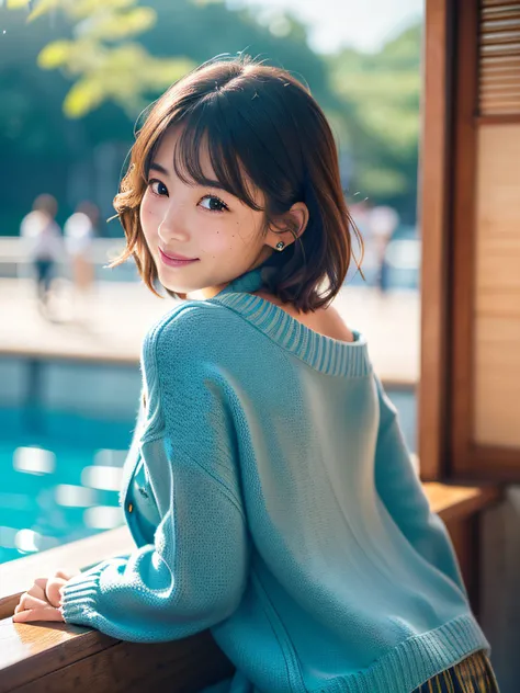 ​masterpiece, Best Quality, Ultra-detailed, film photography, Extremely delicate and beautiful ,hight resolution, 1 girl in, 25-years old, Beautiful girl in Japan, Girl on a date at the aquarium,dolphin show pool、watching a dolphin show、((Look away)), japa...