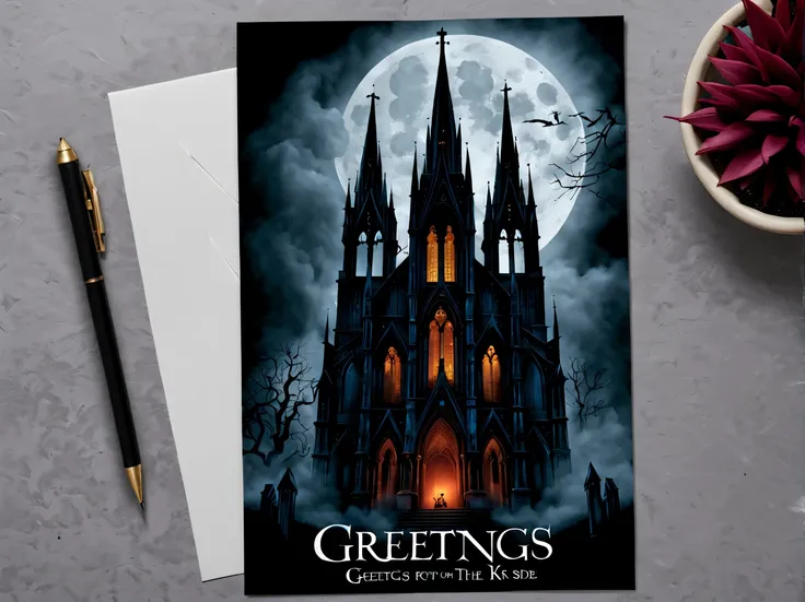 (vintage:1.3), (solo:1.3), design a standing (captivating gothic postcard) featuring an abandoned cathedral engulfed in darkness...