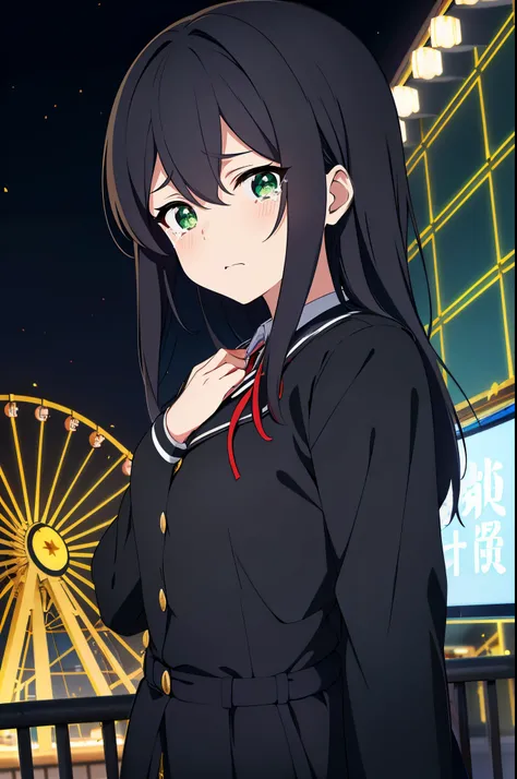 (masterpiece), best quality, perfect face, high quality, perfect anatomy, in the style of Chi no Wadachi, manga style, a woman, 18 years old, wearing a school uniform, crying, distraught face, surrounded by darkness, black hair, ((wide shot)), ((centered))...