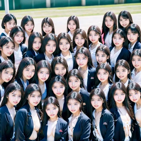 Raw photo、(((multiple girls))),((((6+girls)))),((((100girls)))),(((1000girls)))、((((100 Girls))))、Women only、The same face、matching school uniform、12 years old、Long black hair、100 cute girls、a smile、Scene from school、School route、(((Large group)))、a junior...