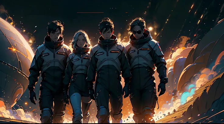 (((Three people ))) A group of astronauts walking in to the rocket, ready to take off, (((two man one woman)), dark clouds, sundown golden sun, thin rain falling, late afternoon. 4k, unreal engine, cinematic, high quality image