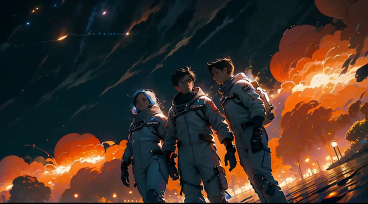 (((Three people ))) A group of astronauts walking in to the rocket, ready to take off, (((two man one woman)), dark clouds, sundown golden sun, thin rain falling, late afternoon. 4k, unreal engine, cinematic, high quality image