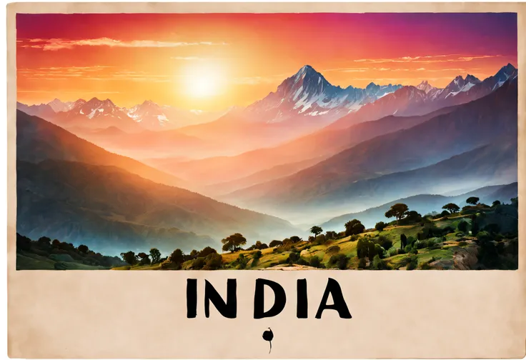 india postcard with text "india", indian atmosphere, sunset, himalayan mountains, exotic style