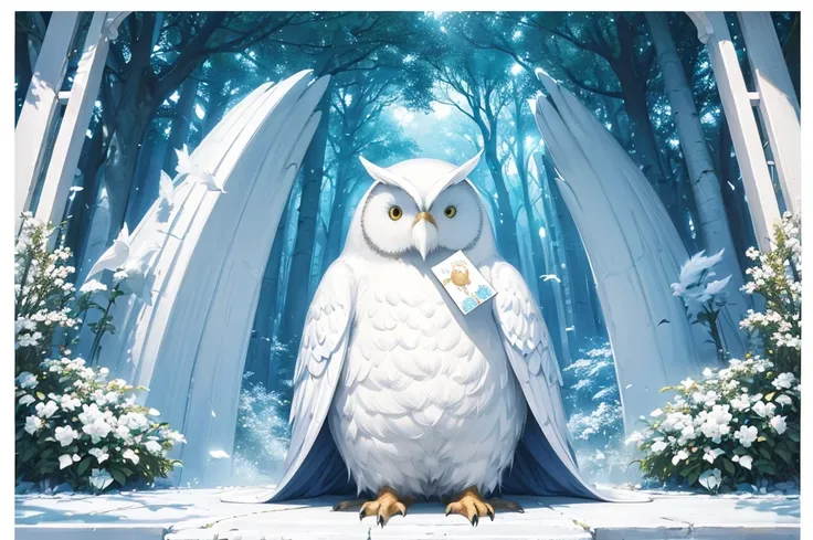 (((Holding an oversized postcard in his mouth)))，an all white owl，Best quality,Light blue-white tones，（4K,A high resolution:1.2），Crystal Forest,magical light,Mysterious charm