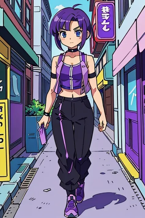 Retro anime, 2000s anime, 2000s anime, early 2000s inspired anime, (best-quality:0.8), (best-quality:0.8), perfect anime illustration, pretty woman walking through the city, short purple hair, violet vest, midriff, bare shoulders, black latex pants, choker