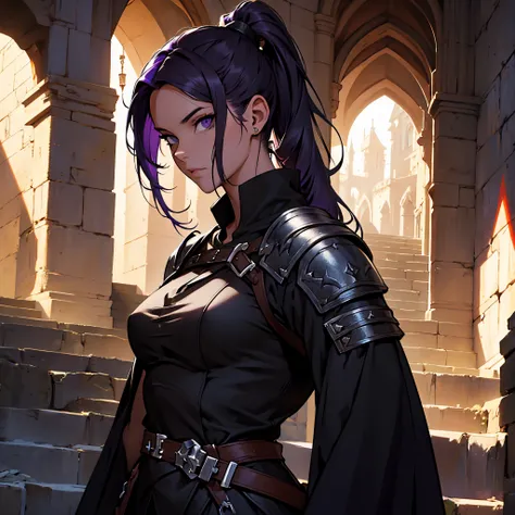 ​masterpiece, Best Quality, detailed, person upper body, 4k, Background with: medieval dungeon stairs, Black Hun Mercenary, dark purple ponytail hair, black leather clothes