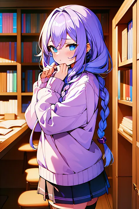 masterpiece, best quality, 1girl, finely detailed, light purple hair, big hair with a single braid, blue eyes, sleepy face, clothes: baggy sweater with a skirt and stockings, in a library