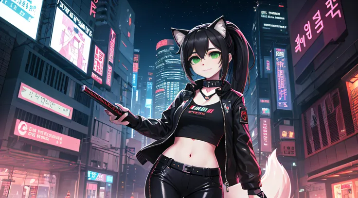 fox cyberpunk edge runner， cat woman (tmasterpiece, best quality at best, 8k, focus sharp, depth of fields, the best shadow, per...