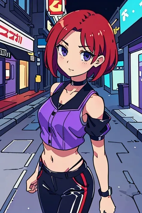 (best-quality:0.8), (best-quality:0.8), perfect anime illustration, pretty woman walking through the city, short red hair, violet vest, midriff, bare shoulders, black latex pants, choker