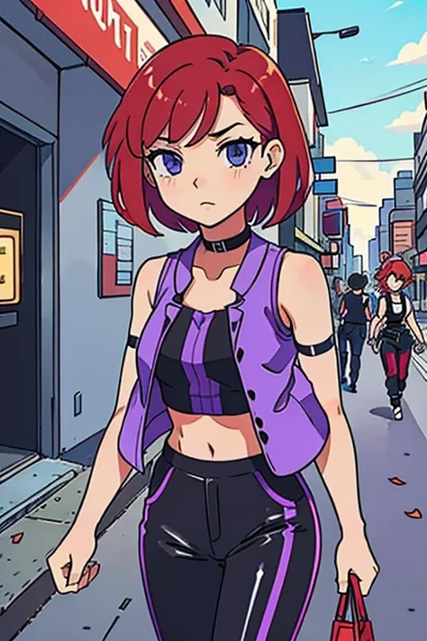 (best-quality:0.8), (best-quality:0.8), perfect anime illustration, pretty woman walking through the city, short red hair, violet vest, midriff, bare shoulders, black latex pants, choker