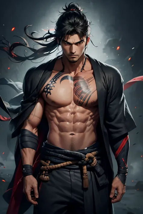 (best quality,ultra-detailed,photorealistic:1.37),portraits,blue kimono,muscular slim athletic physique,red eyes,black sandals,scarred,man,swords sheathed on hip,closed chest,messy black hair,string muscles,confident expression,determined gaze,body tattoos...