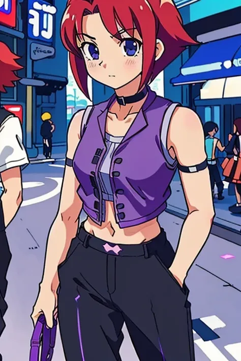 Retro anime, 2000s anime, 2000s anime, early 2000s inspired anime, (best-quality:0.8), (best-quality:0.8),  perfect anime illustration, pretty woman walking through the city, short red hair, violet vest, midriff, bare shoulders, black latex pants, choker