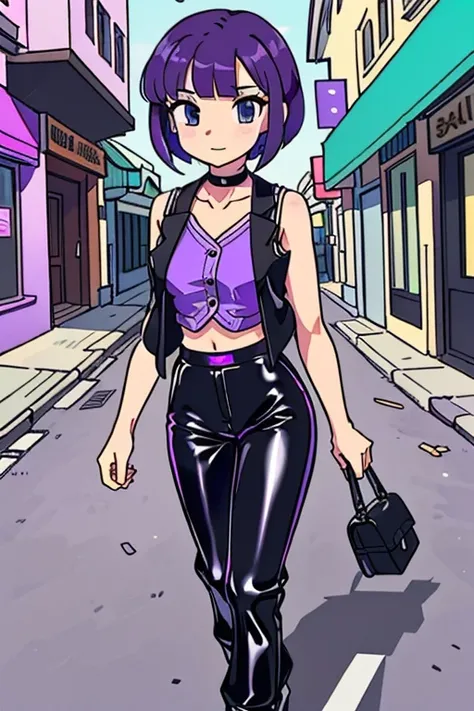 (best-quality:0.8), (best-quality:0.8), perfect anime illustration, pretty woman walking through the city, short purple hair, violet vest, midriff, bare shoulders, black latex pants, choker