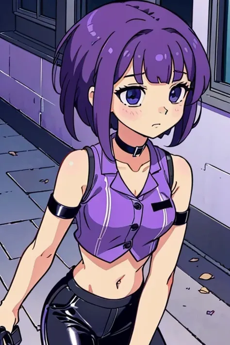 (best-quality:0.8), (best-quality:0.8), perfect anime illustration, pretty woman walking through the city, short purple hair, violet vest, midriff, bare shoulders, black latex pants, choker