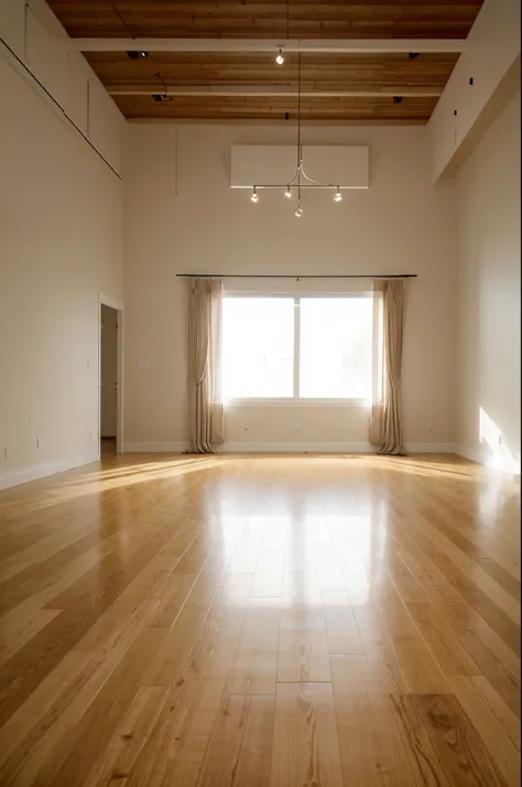 image of an empty dance studio with a spacious, airy aesthetic. The studio should feature a pristine wooden floor, a large mirror on one wall, and an overall minimalistic design. Emphasize the sense of openness and tranquility in the space. Capture the ess...