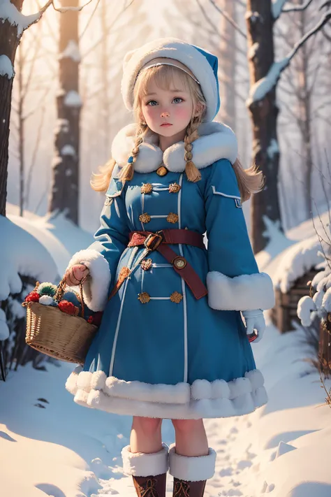 Daughter of Santa Claus in a kokoshnik, Russian fairytale village girl – "Snow maiden", in a buttoned blue old long sheepskin coat, fur coat, below the knees, with white trim on sleeves , white mittens on hands. Holding a basket in his hands, There is a co...