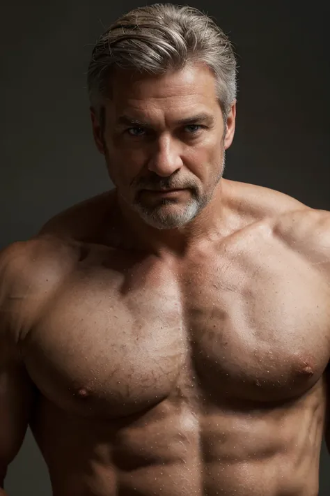 A 54-year-old man possesses a robust and masculine physique. His broad shoulders and well-defined features exude a sense of strength and vitality. With short, almost white, light gray hair and a well-maintained beard, he presents a mature and distinguished...