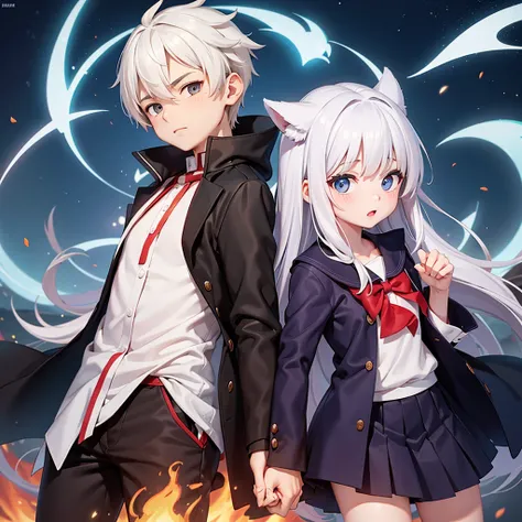 A boy and a girl brother both have white hair, o menino e um invocador enquanto a menina e uma maga de fogo, They are both teenagers and are wearing anime school clothes, faz o menino invocando um mosntro atras dele e a menina usandk magia de fogo, os dois...