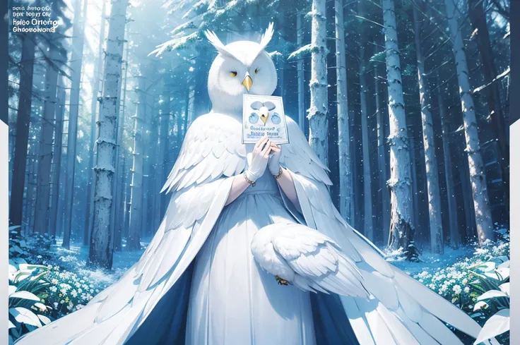 (((Holding an oversized postcard in his mouth)))，an all white owl，Best quality at best,Light blue-white tones，（4K,A high resolution:1.2），Crystal Forest,magical light,Mysterious charm