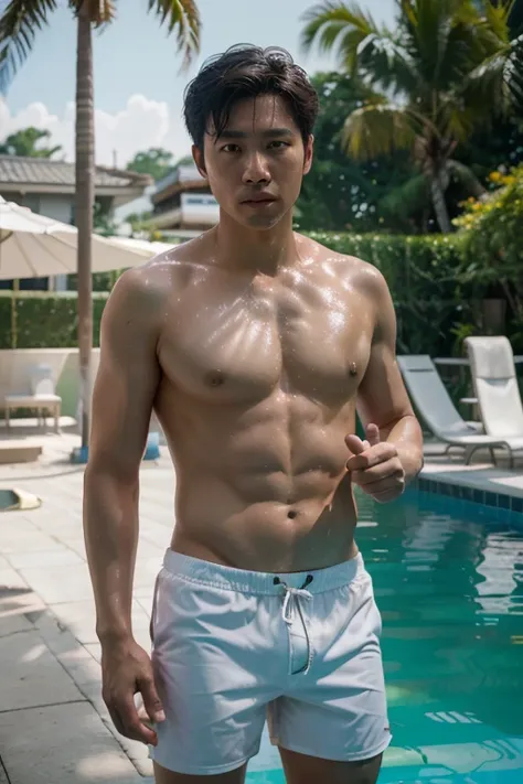 ultra-high resolution, beste-Qualit, Cinematographer, 10, (fotorrealista: 1.4), Cinematic lighting, Korean man 35 ,Short equation,  Wear white swimming trunks,Pao Tung,Poolside