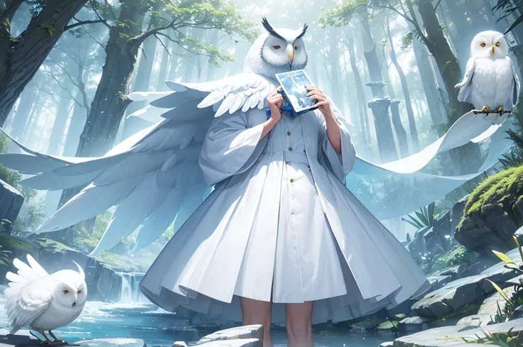 (((Holding a postcard as big as his own in his mouth)))，an all white owl，Best quality,Light blue-white tones，（4K,A high resolution:1.2），Crystal Forest,magical light,Mysterious charm