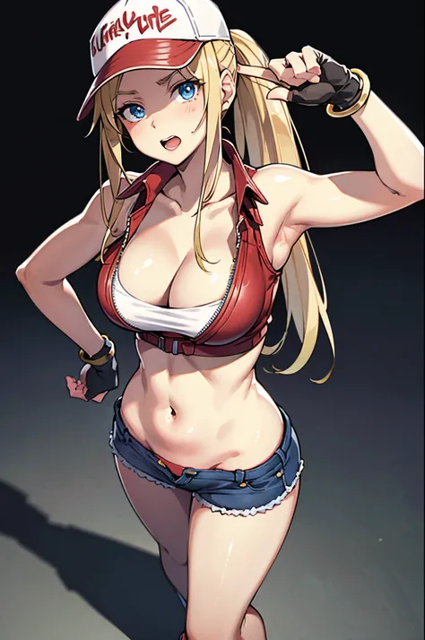 (masterpiece), best quality, expressive eyes, perfect face, highres, (8k), (perfect face), (ultra details), 1 girl, solo, terry bogard girl, blonde hair, ponytail, blue eyes, long hair, baseball cap, fingerless gloves, denim shorts, shoes, street backgroun...