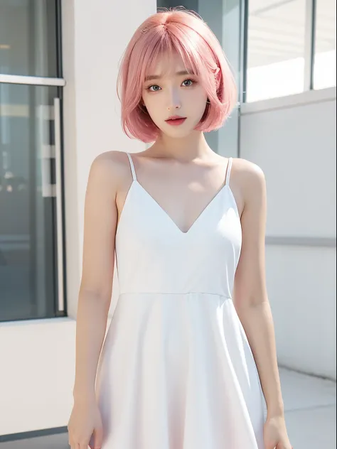 Alkanevi, One of them  wearing a white dress、Pink medium and short hair ladies, Female face, unreal engine character art,