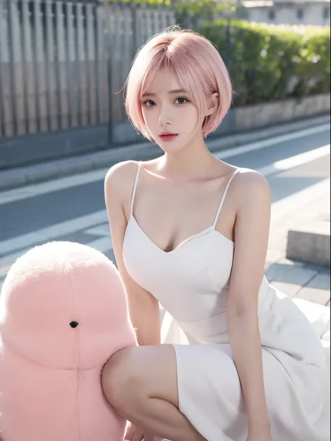 Alkanevi, One of them  wearing a white dress、Pink medium and short hair ladies, Female face, unreal engine character art,