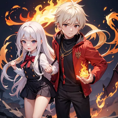 A boy and a girl brother both have white hair, o menino e um invocador enquanto a menina e uma maga de fogo, They are both teenagers and are wearing anime school clothes, faz o menino invocando um mosntro atras dele e a menina usandk magia de fogo, os dois...