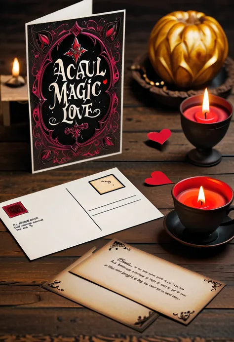 Best quality,8K,A high resolution,tmasterpiece:1.2,(actual:1.37),(Postcard with gothic magic on the front:1.3)，(The reverse side  a postcard in envelope format..:1.1)，(Write magical words your my love on postcard free":1.2)，cardboard postcard，simplebackgro...