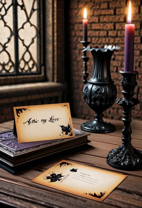 Best quality,8K,A high resolution,tmasterpiece:1.2,(actual:1.37),(Postcard with gothic magic on the front:1.3)，(The reverse side  a postcard in envelope format..:1.1)，(Write magical words your my love on postcard free":1.2)，cardboard postcard，simplebackgro...