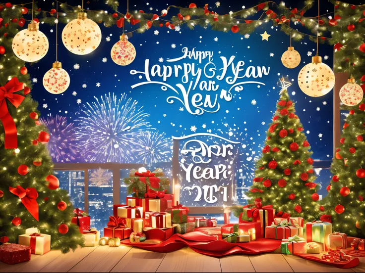 Create a greeting card, gift card, Happy New Year greeting card design!  A cozy festive atmosphere, a room decorated with New Years garlands and multi-colored light bulbs, in the center of the room there is a New Years pine tree decorated with toys with a ...