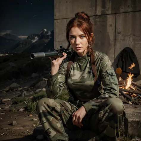 Character design, full-length portrait, sitting on a stone, woman with blue eyes and dark red hair, Silver hoop earrings, hairstyle with a hairpin, in a green camouflage suit with a black T-shirt, jacket and trousers and combat boots, With a sniper rifle n...