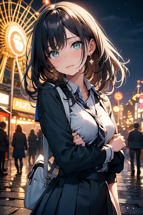 (masterpiece), best quality, perfect face, high quality, perfect anatomy, in the style of Chi no Wadachi, manga style, a woman, ((25 years old)), wearing a school uniform, crying, distraught face, surrounded by darkness, black hair, ((centered)), (((surrou...